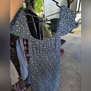 Chic Blue Dress with White Floral Pattern